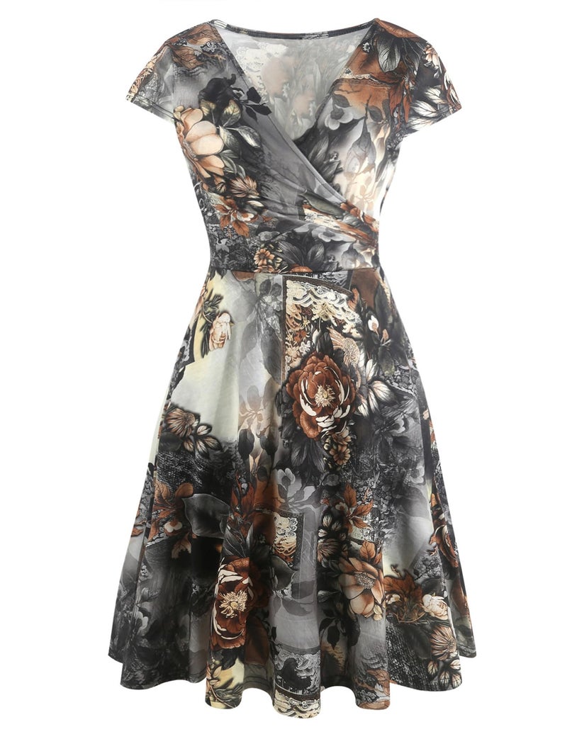 oxiuly Women's Chic V-Neck Vintage Floral Work Party Cocktail Swing Casual Summer Dress OX233 (XL, Coffee Floral) - Image 2